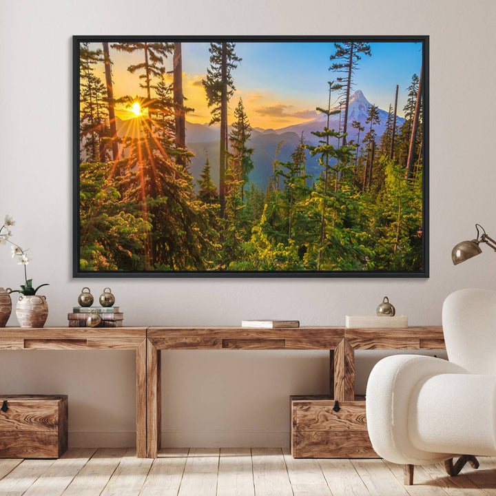 The kitchen features a Red Leaves on Trees landscape canvas print, perfect for nature lovers.