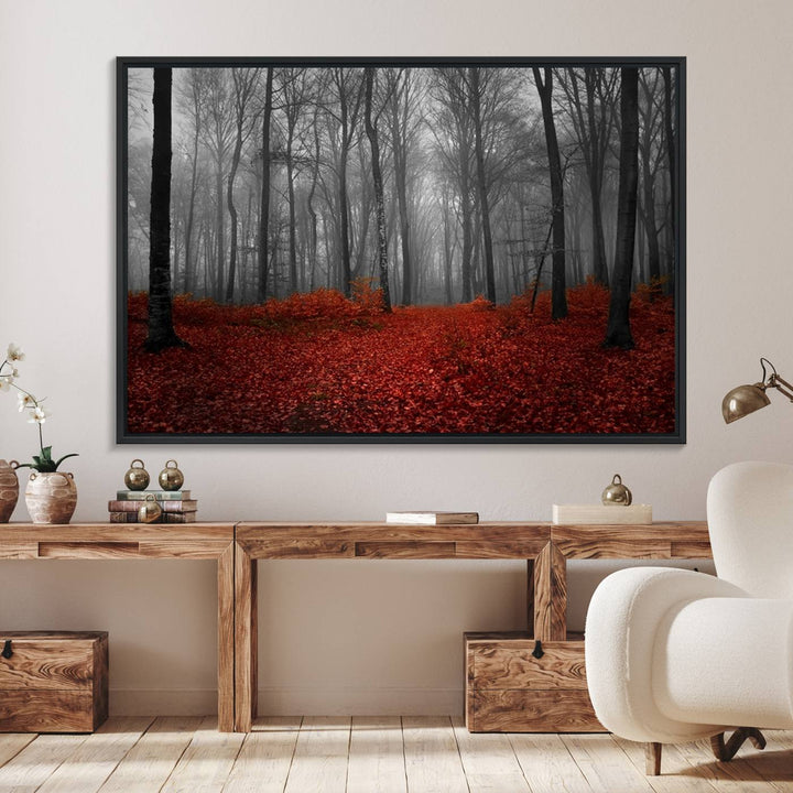 A large, museum-quality canvas print titled Wonderful Forest with Red Leaves.