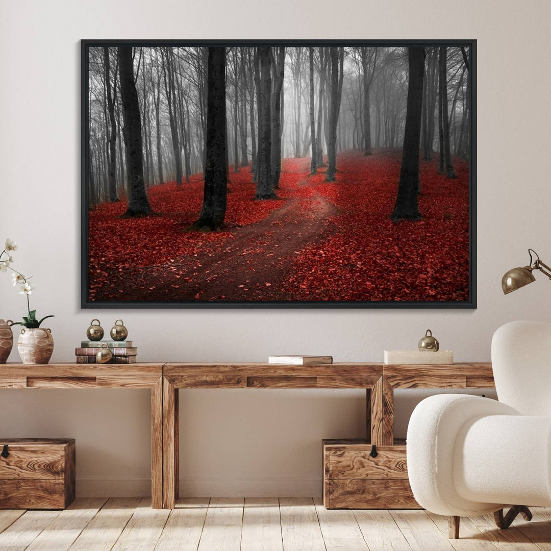 Wonderful Forest artwork: Triptych with red leaves, ideal for nature lovers.