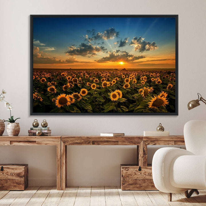 The dining area features the Sunflower Field Sunset Wall Art Canvas Print.