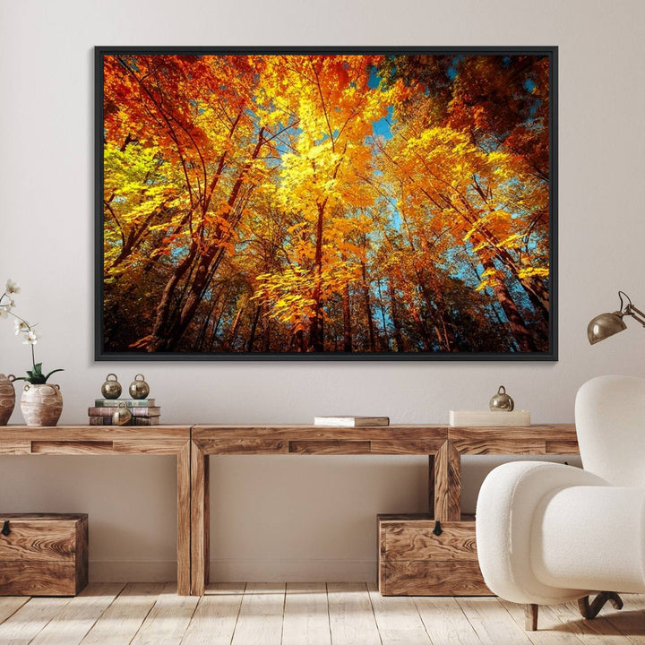 Forest View at Fall Wall Art hangs prominently, showcasing its beauty.