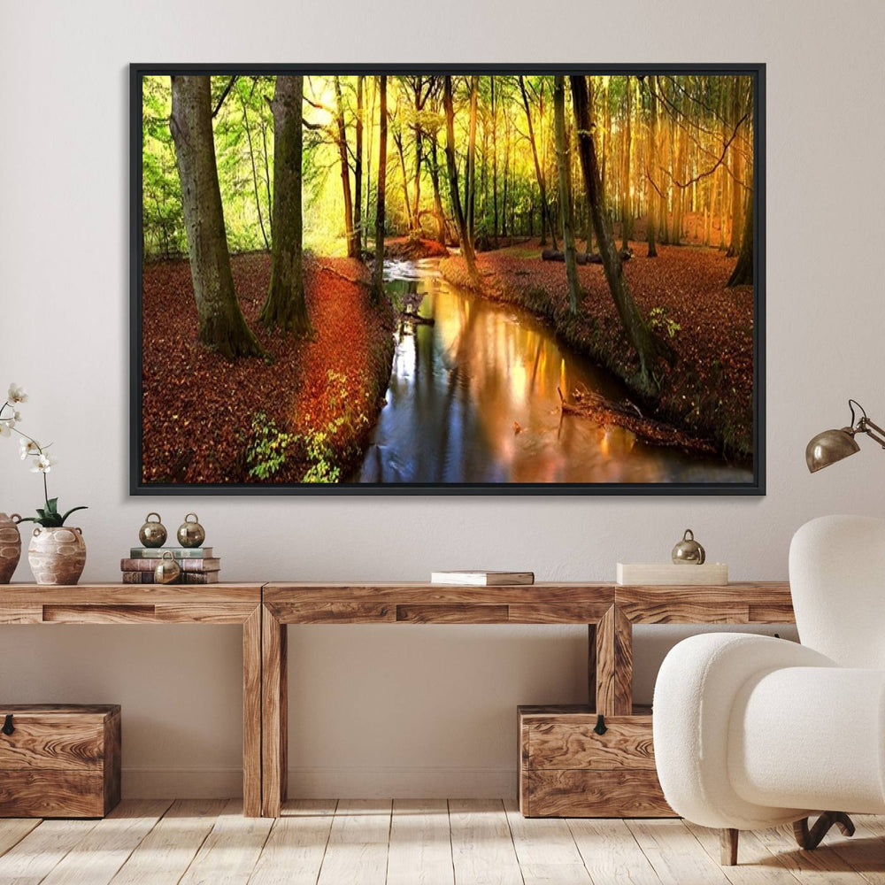 The Wall Art Landscape Canvas Print Small River Inside Colorful Forest enhances the decor.