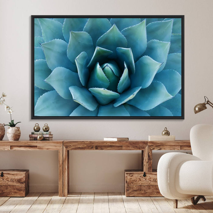 The Large Agave Succulent Canvas Wall Art is displayed on the wall.