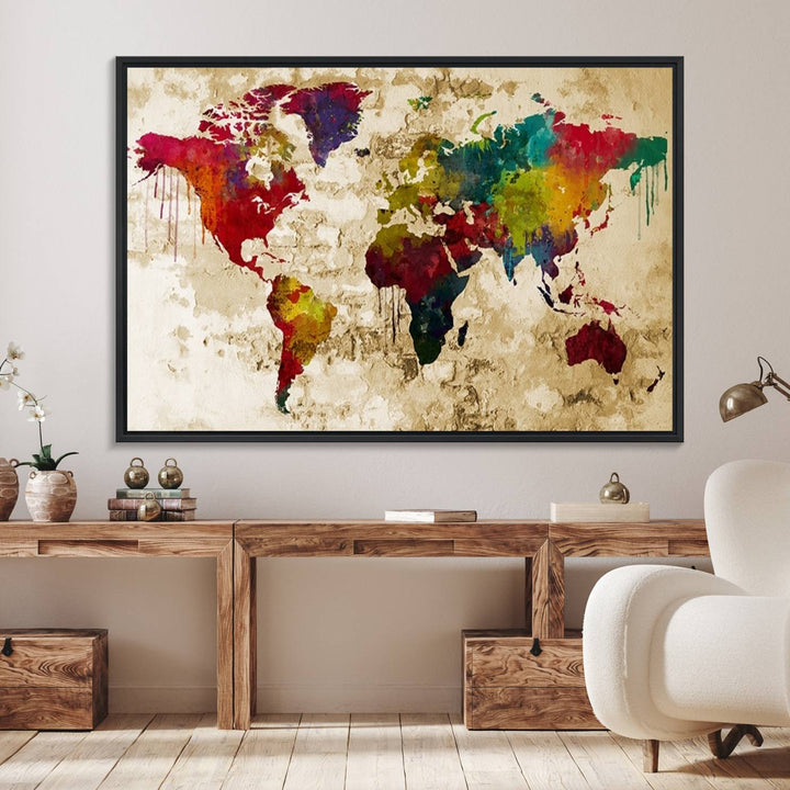 Wall Art World Map Canvas Print Rainbow Colored Vintage Style World Map