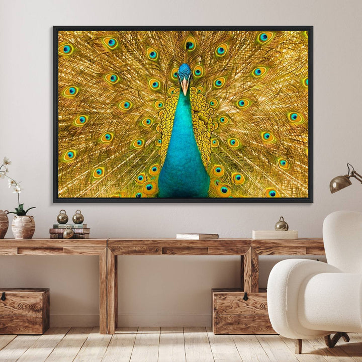 The Peacock Wall Art Canvas Print adorns a bright wall.