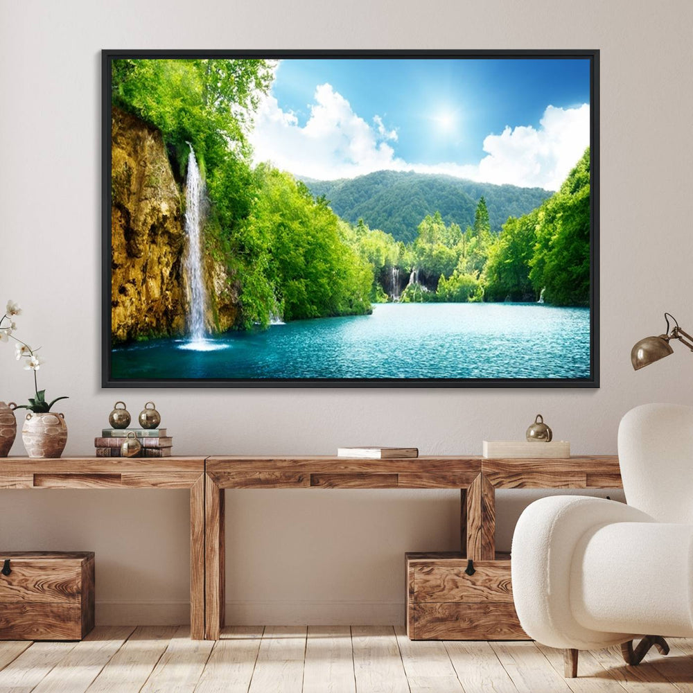 A dining room showcasing a waterfall canvas print.