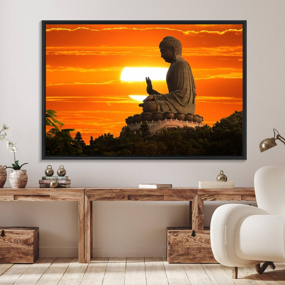 The Buddha Statue at Sunset canvas print adds serenity to the space.