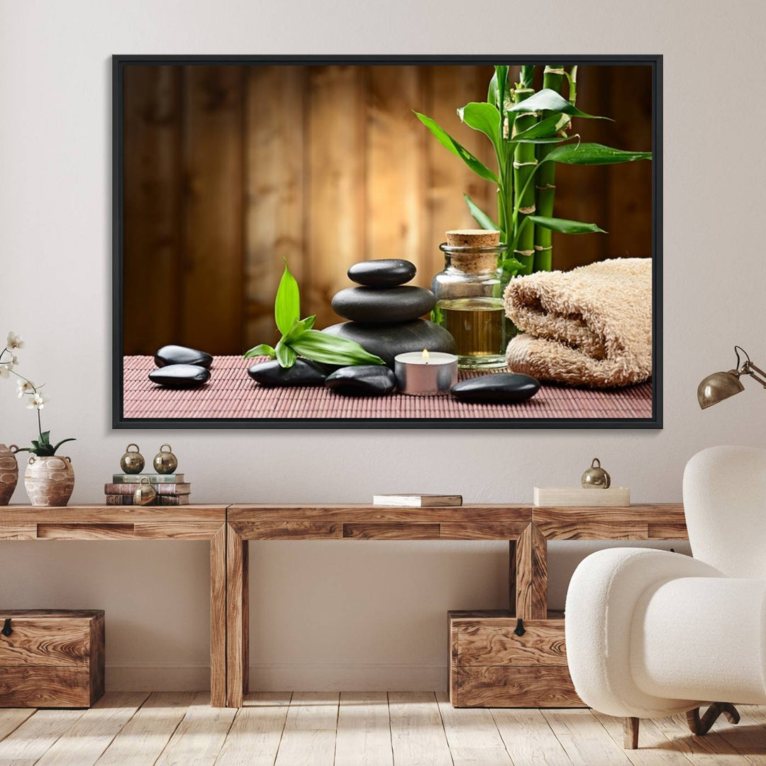 Zen Serenity Triptych Canvas Art: Pink Lotus Flower and Stones, Tranquil Water Lily Print, creating a peaceful spa ambiance.