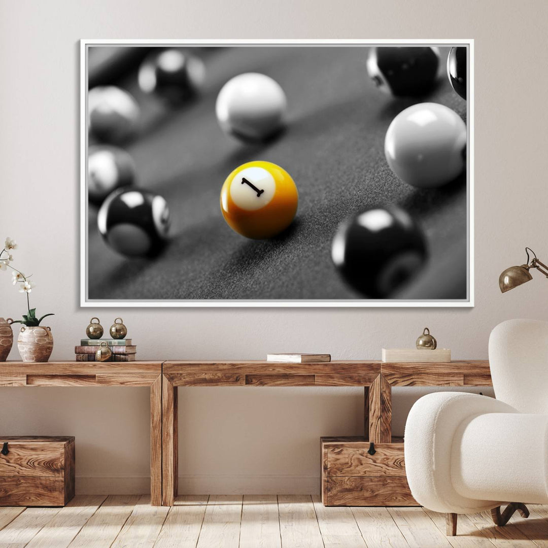 The Black and White Concept Billiard Balls Canvas Print elevates the space with museum-quality charm.