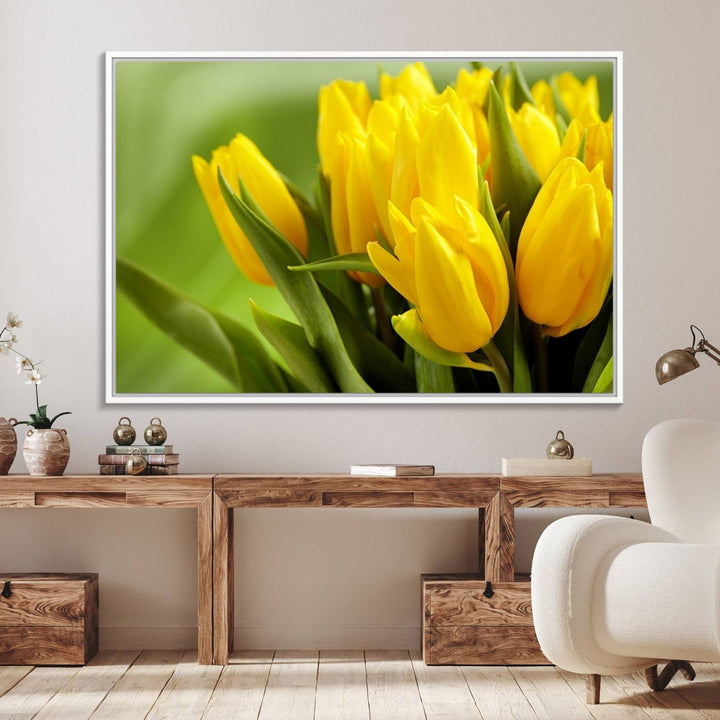 The Wall Art Yellow Tulips Canvas Print on a green background is featured.