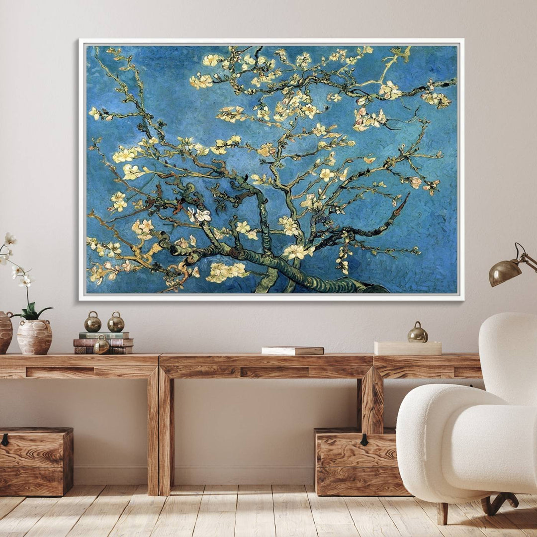 A Van Goghs Almond Blossom canvas print adds a touch of elegance to the wall.