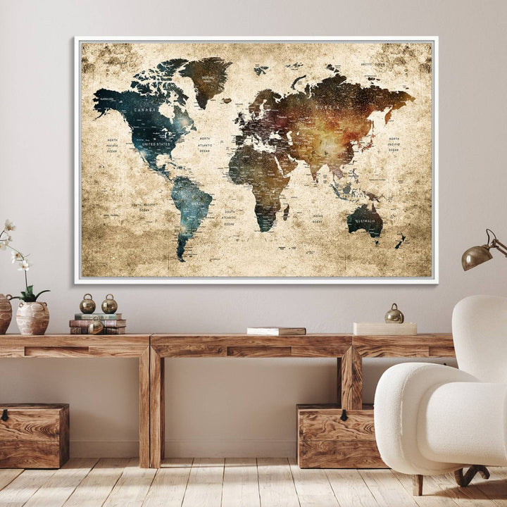 Vintage World Map Canvas Wall Art, perfect for antique-style decor, displayed against a light wood wall.