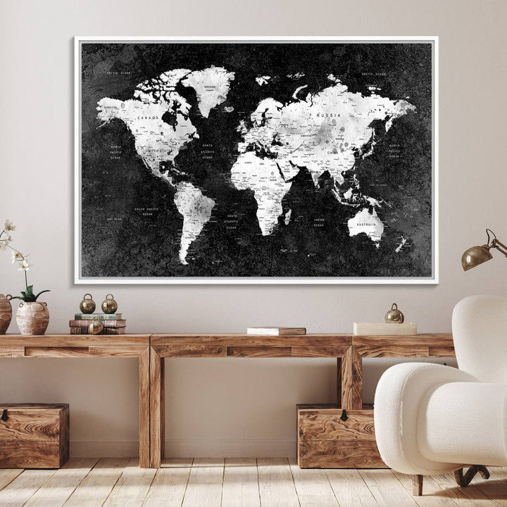 The dining room features a Modern Grayscale World Map 3-Panel Canvas Art as its focal point.