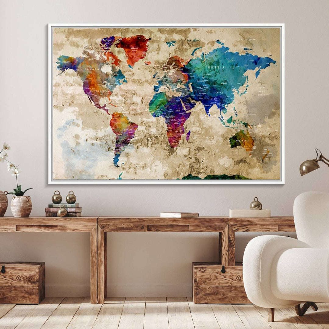 An Abstract Large Watercolor World Map Canvas Print hangs prominently.