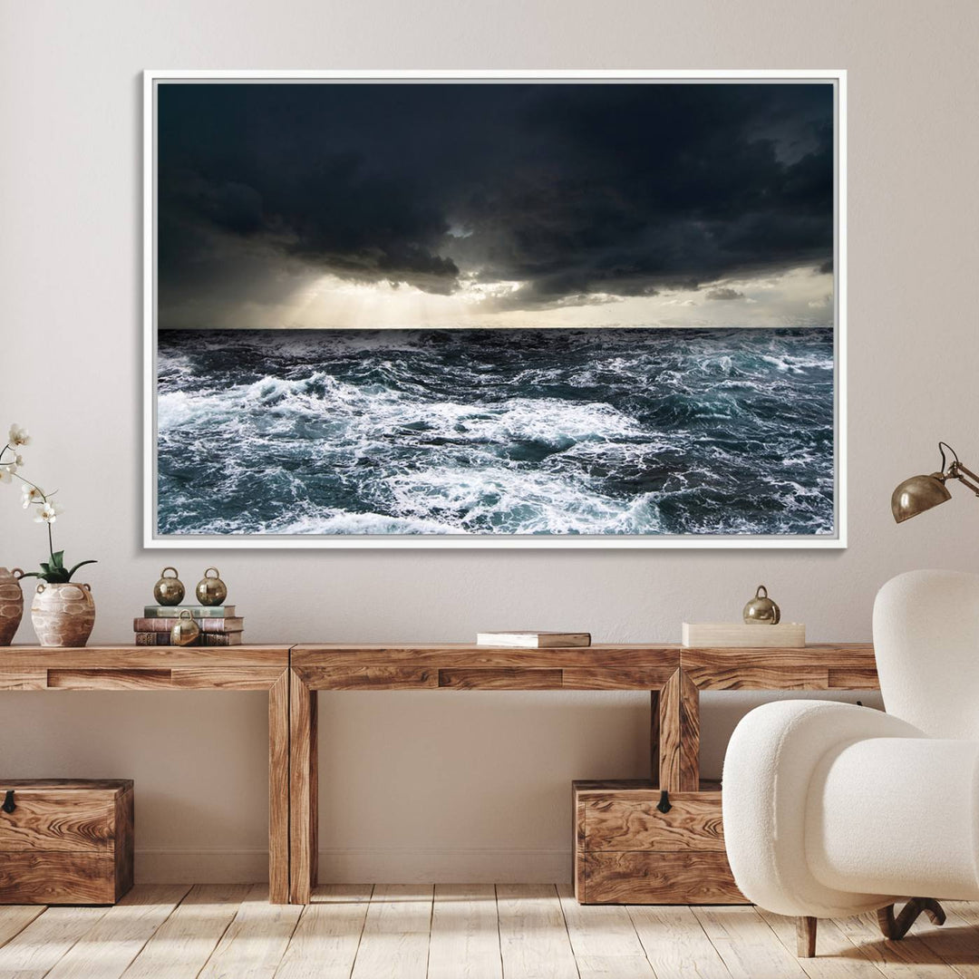 A Dark Clouds Stormy Sea canvas print, ready to hang, enhances the room.