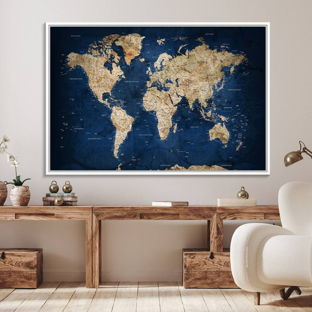 Classic Vintage Blue World Map Canvas Print featuring beige continents against a deep blue background.