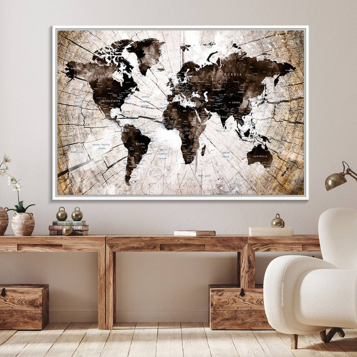 The Tree Ring World Map Canvas hangs above the table, blending into the nature-inspired setting.