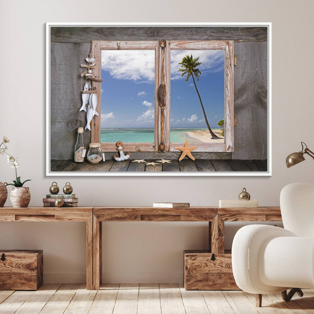 The Window Wall Art Relaxing Beach features seashells and a rustic window frame.