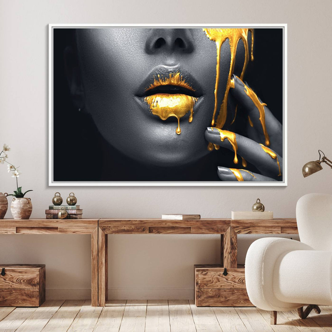 The Gold Lips and Black Woman Makeup Canvas Print features a chic monochrome face design, making it ideal for a modern dining room.