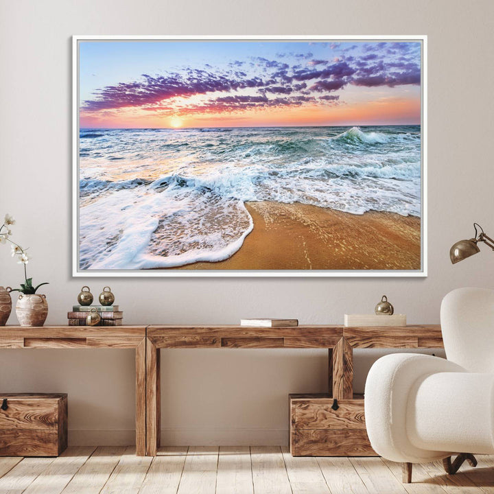 The Tropical Beach Waves Art Print, depicting an ocean sunset and sandy shore, enriches the coastal decor of the dining area.