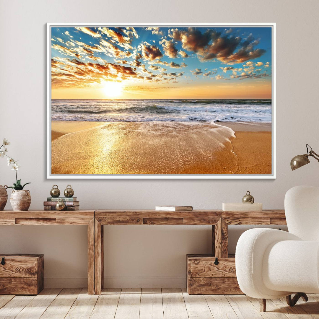 A gallery-wrapped canvas titled Soothing Sunset on Calm Beach is featured.