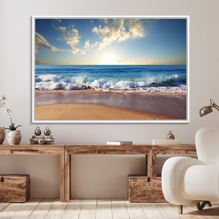 The dining room features a Coastal Tropical Beach Sunset canvas wall art.