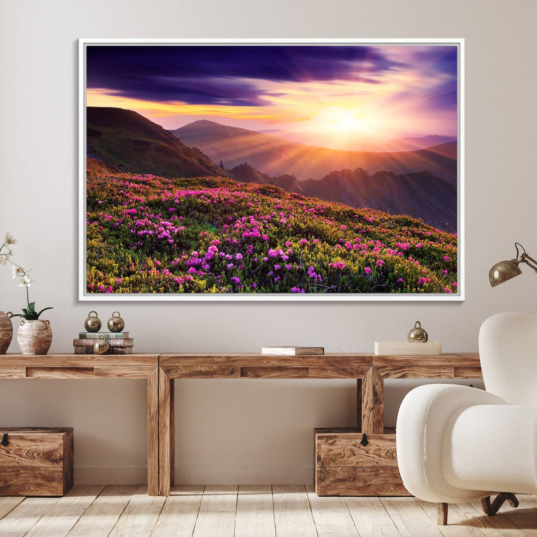 Gallery-wrapped wall art of a stunning mountain sunset and purple flowers.