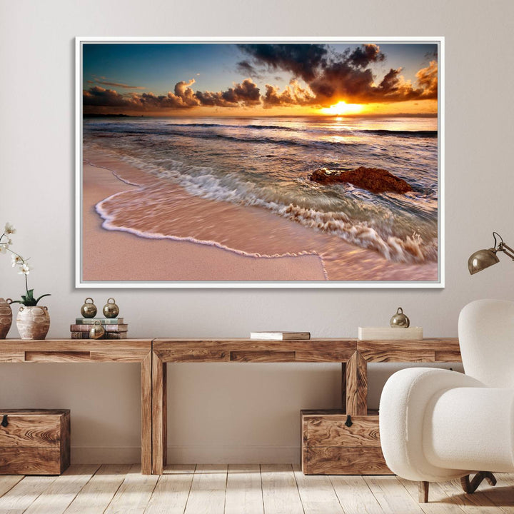 Coastal dining room decor: serene ocean waves triptych canvas.