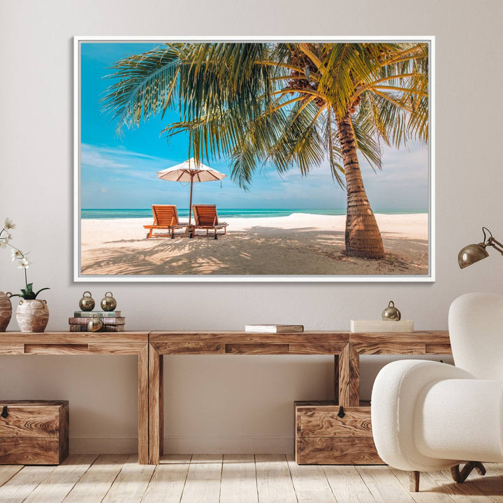 The 3-panel Tropical Beach Wall Art features palm trees and sun loungers, perfect for coastal decor.