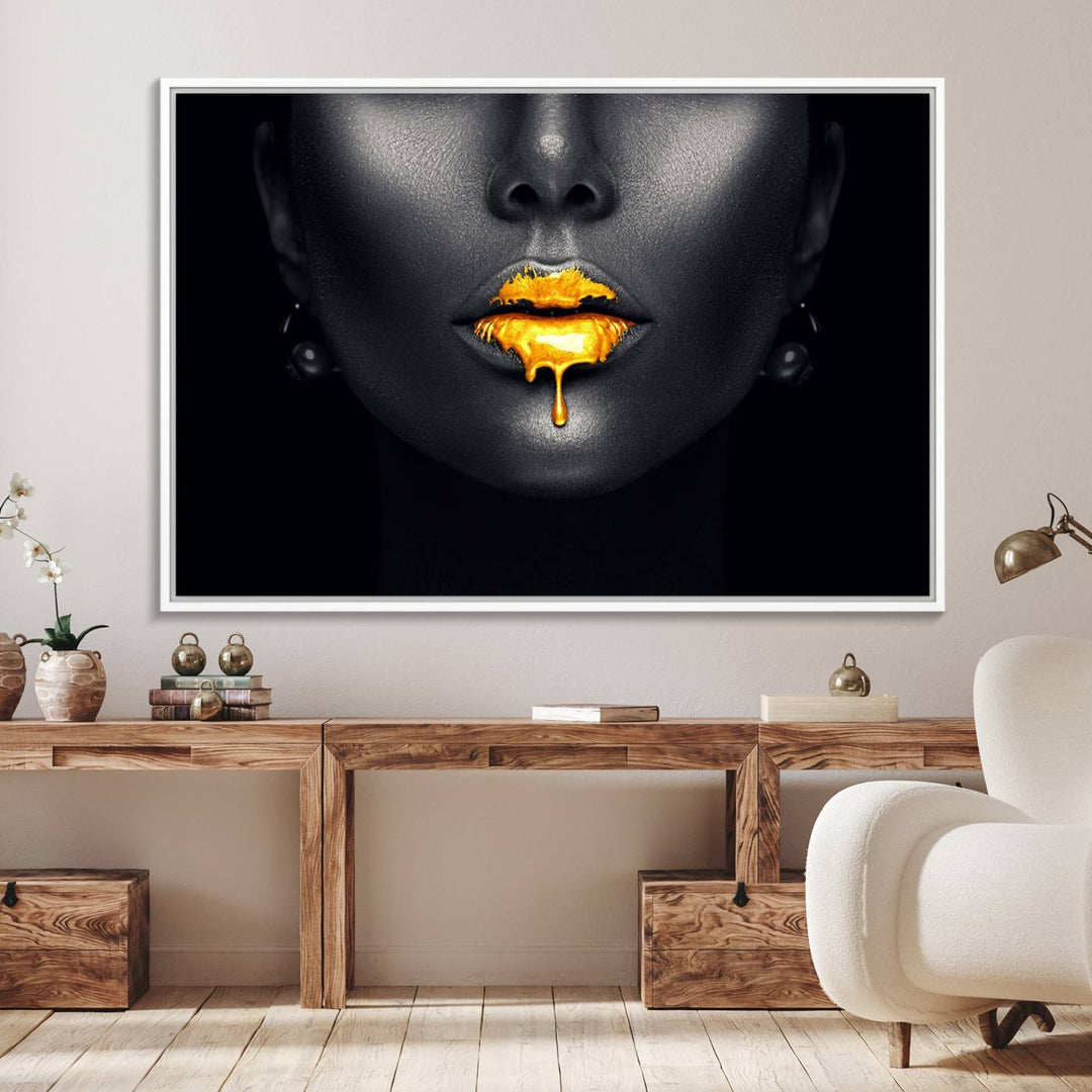 The Honey Gold Lips and Black Woman Photograph canvas print adds a striking touch to the room.