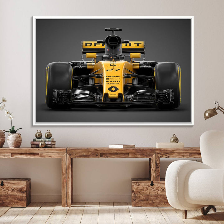 A yellow and black F1 Renault car canvas print with free shipping.