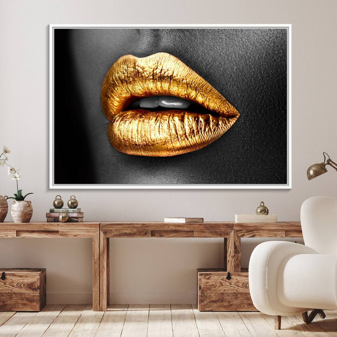 The Gold Lips Canvas Wall Art on a black background is showcased.