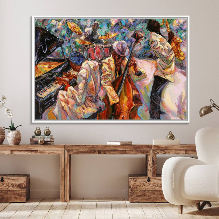 The wall features an African American Jazz Art Music Abstract Painting on Canvas.