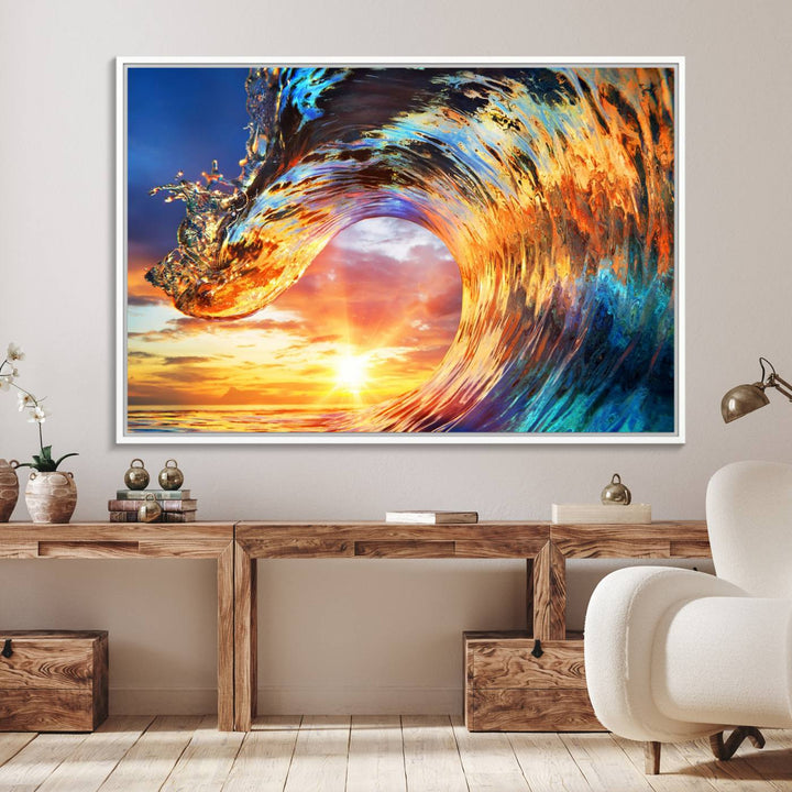 Wave Canvas Wall Art: A multi-panel sunset ocean scene that adds vibrant decor to any space.