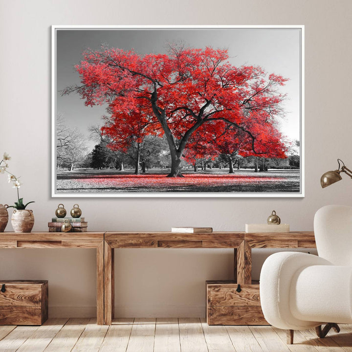 A Red Autumn Tree Canvas Wall Art Print of red leaves.