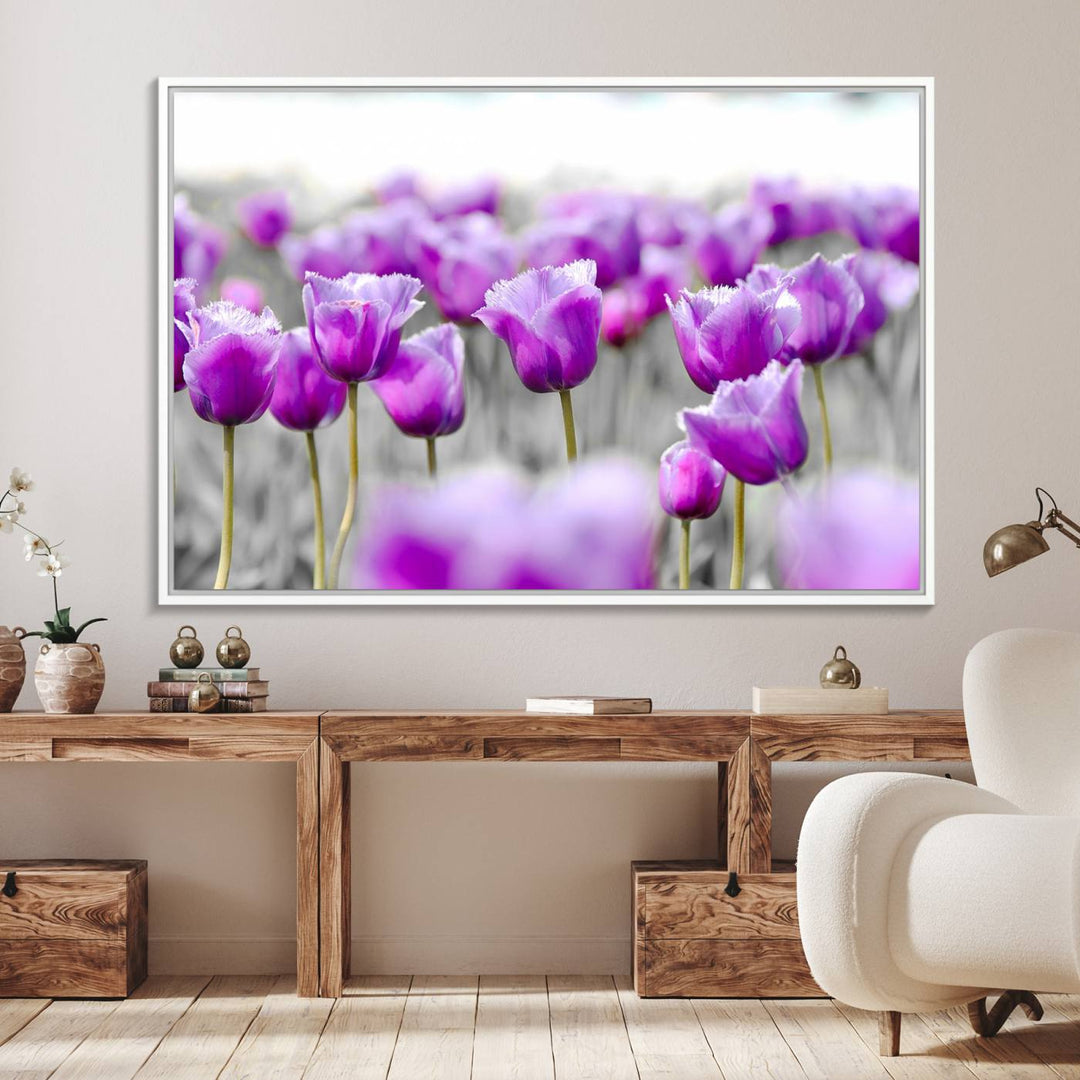 A gallery-wrapped Tulip Fields canvas wall art in a vivid purple hue.