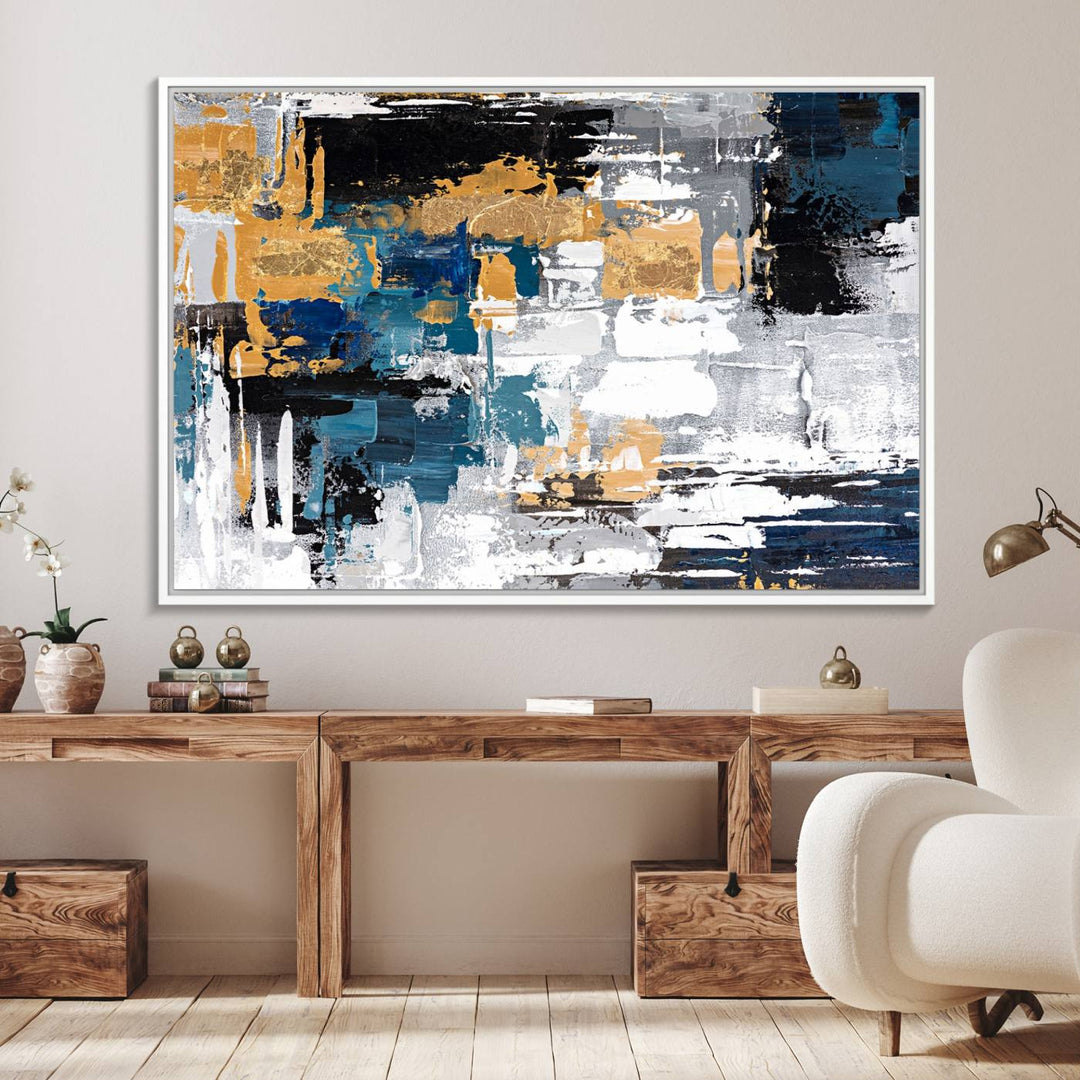 Blue and Gold Abstract Canvas Wall Art hangs prominently.