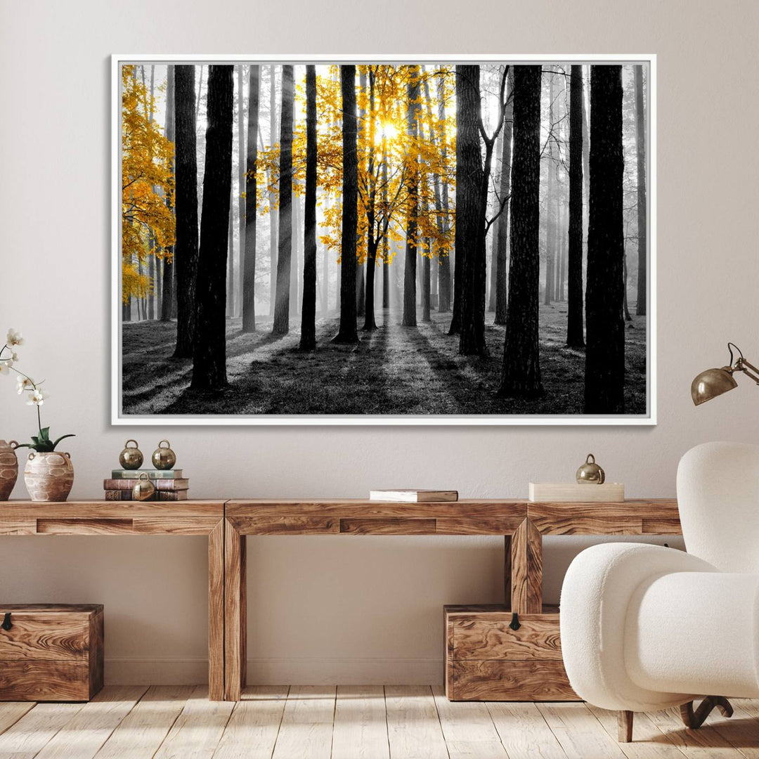 Nature Misty Foggy Autumn Forest Wall Art Print displayed above a modern dining room.