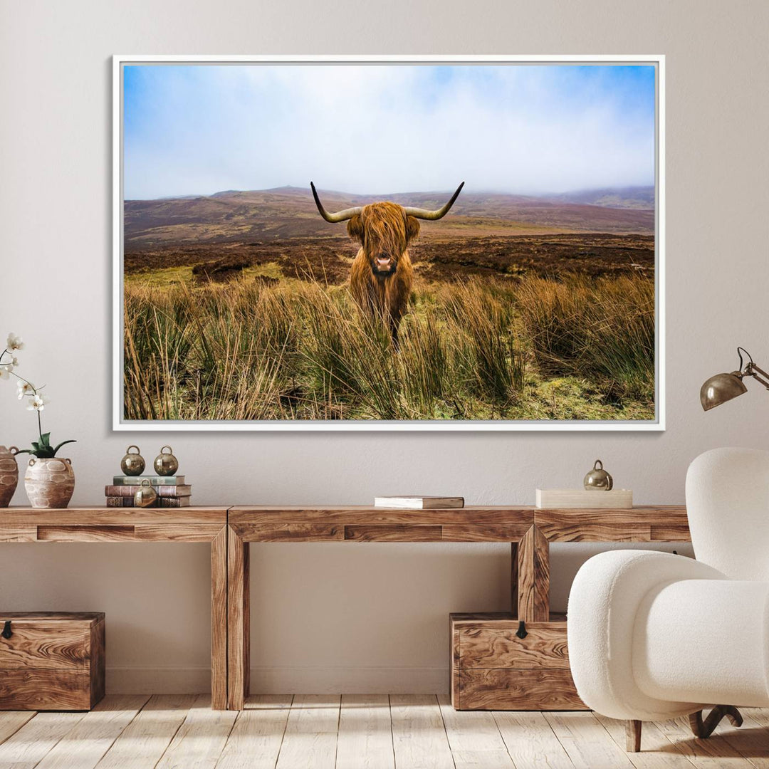 A Scottish Highland Cow art print canvas with UV-protection adorns the wall, preserving vivid details.