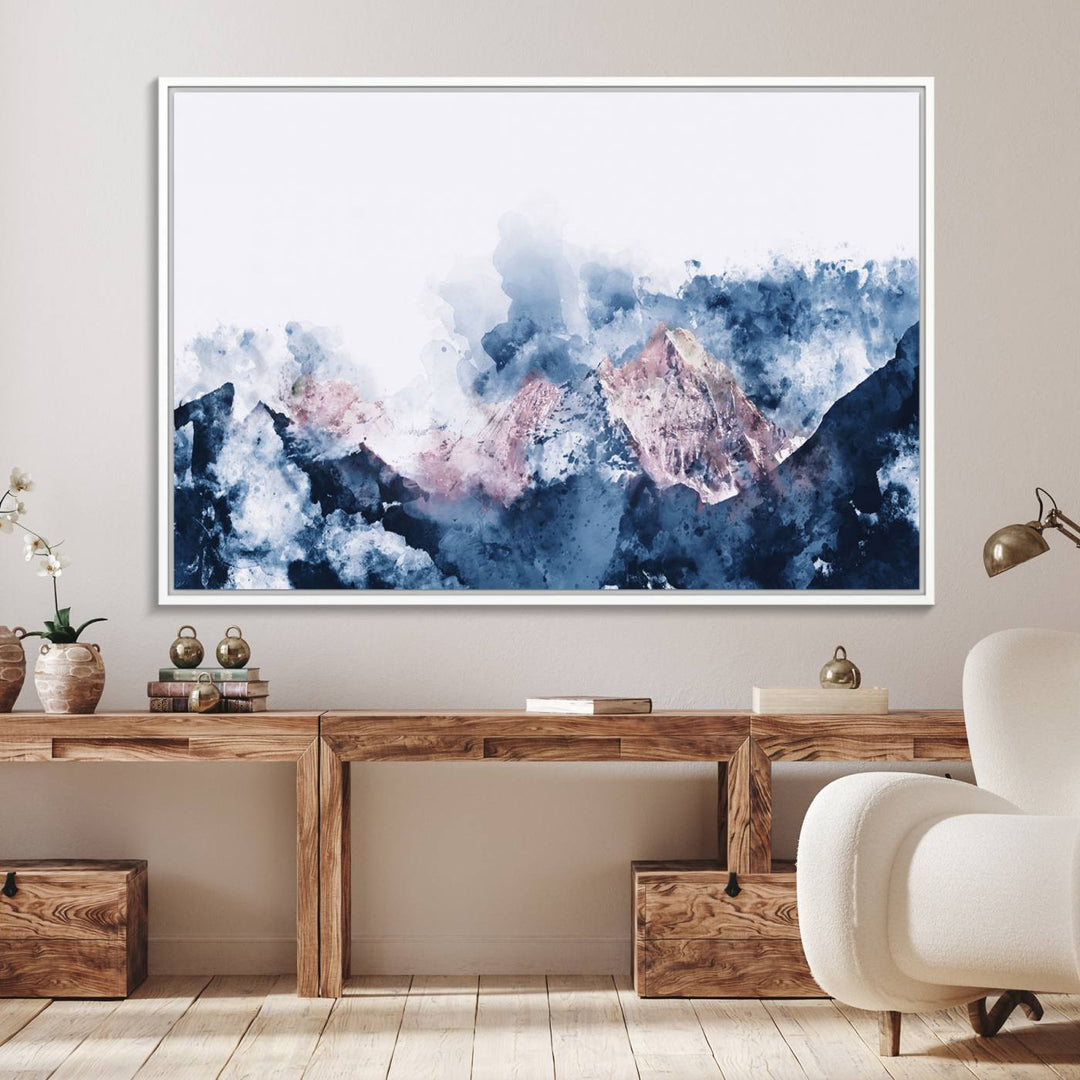 A modern kitchen showcases an Abstract Watercolor Mountain Landscape Art Canvas Print.