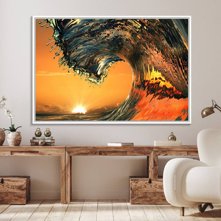 The Ocean Wave With Perfect Sunset canvas wall art adds a striking focal point to the room.