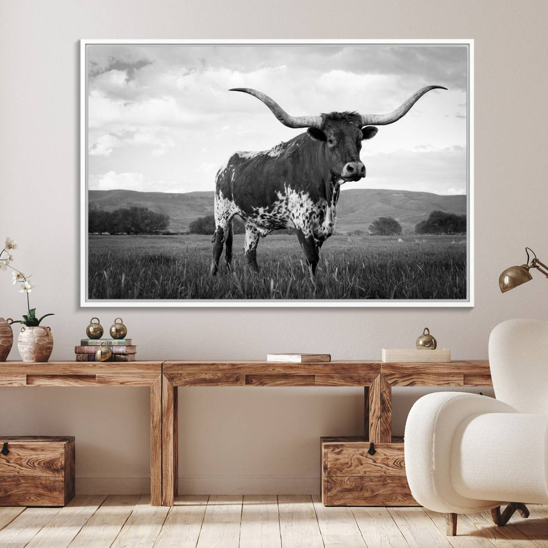 A Black and White Longhorn Texas Cow Canvas Wall Art.