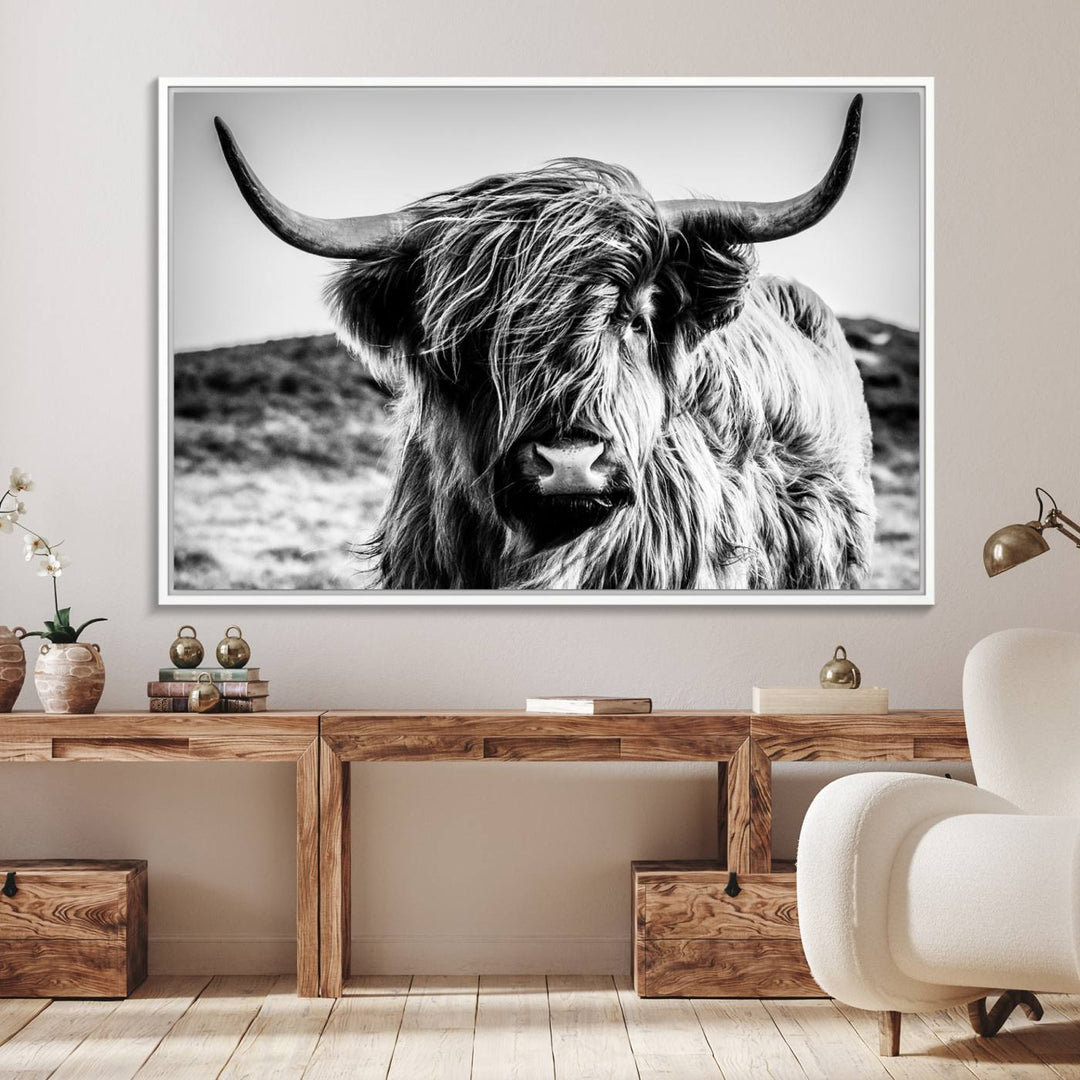 A Black and White Scottish Cow Canvas Print adorns the kitchen wall, perfect for farmhouse decor.