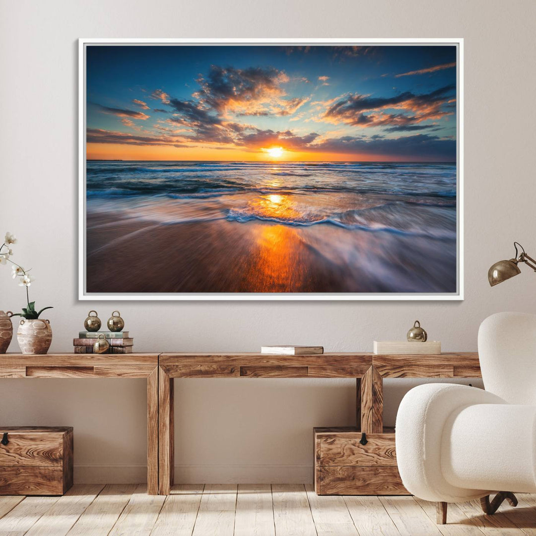 A museum-quality Beautiful Sunset over the Horizon canvas adorns the living room wall.