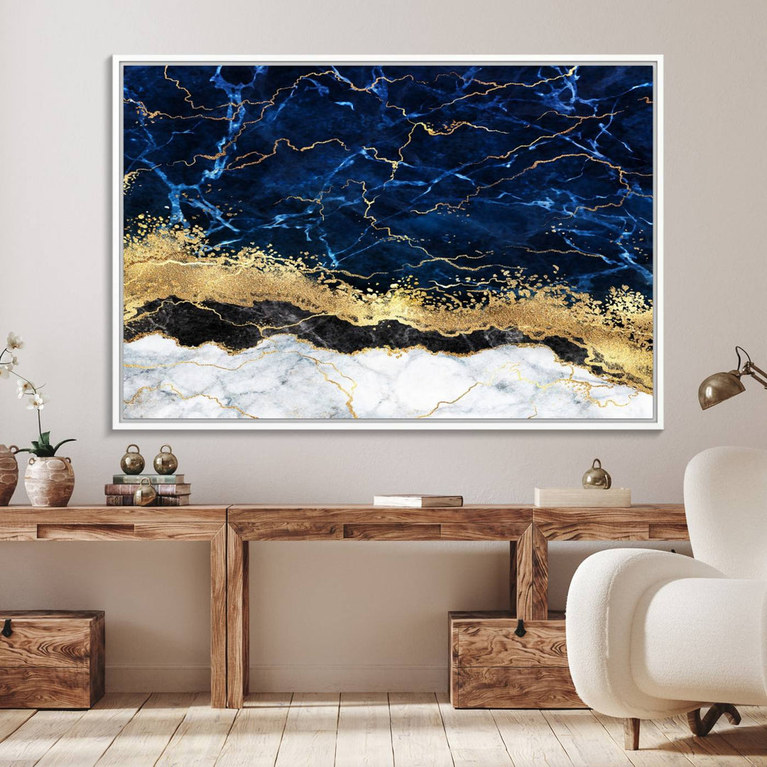 Navy Blue Marble Fluid Effect Canvas Wall Art, featuring a gold and white abstract design, adds a finishing touch to your modern kitchen decor.