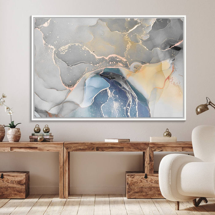 Gray Marble Fluid Effect Abstract Canvas with swirls of gray, gold, and blue.