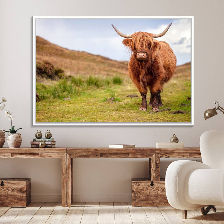 A Highland Cow Animal Canvas Wall Art hangs on the wall, adding warmth to the room.