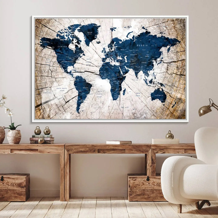 The living room exudes style with the Blue World Map Canvas Wall Art, a rustic-style triptych that's prominently displayed on the wall. This global decor piece adds an elegant touch to the space.