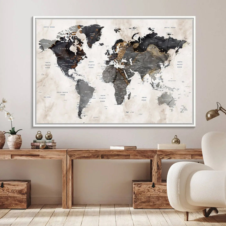 The dining room wall is adorned with the World Map Canvas Print – Earthy Triptych Wall Art, a vintage global map decor featuring dark continents.