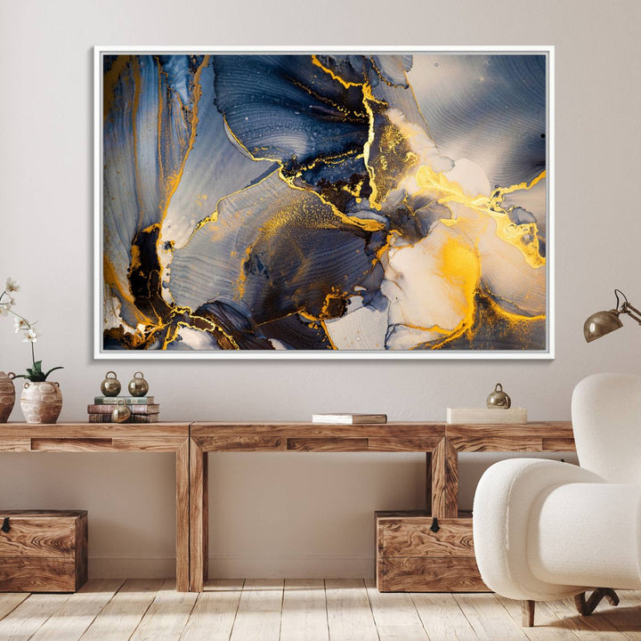 A modern luxury kitchen features a large gold and blue abstract canvas wall art print.